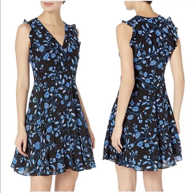 Rebecca Taylor Kyoto Floral Dress Ruffles 6 blue Black