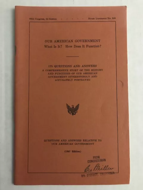 Our American Government 185 Questions 1967 U.S. Congress George P. Miller NM