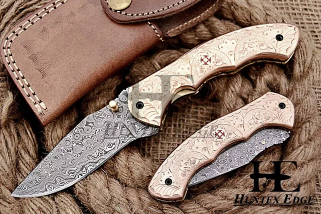 HUNTEX Custom Handmade Damascus 110 mm Long Camping Hunting Folding Pocket Knife