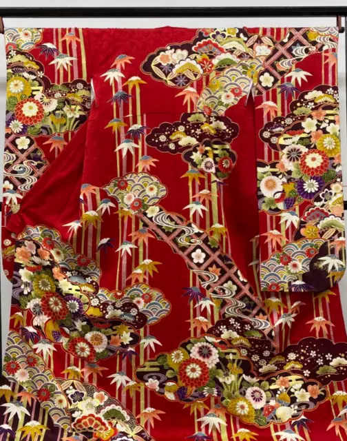 FURISODE KIMONO PURE Silk Red Gold Traditional Japanese Design Gorgeous ...