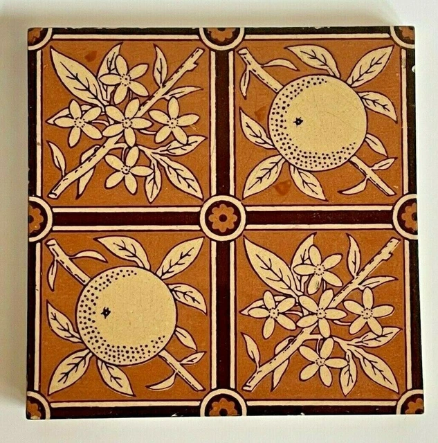 Antique Minton China Works Aesthetic Period Tile Oranges & Blossoms