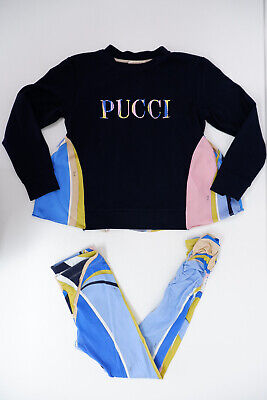 Emilio PUCCI Kids Bambina Outfit Set Età 10 ANNI Maglione Top Leggings Blu Stampato