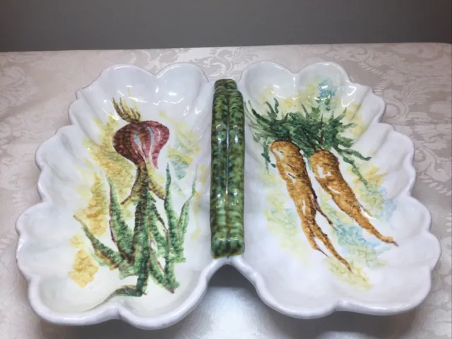 Vintage Italian Pottery Majolica Divided Serving Tray Dish Handles Hand Painted