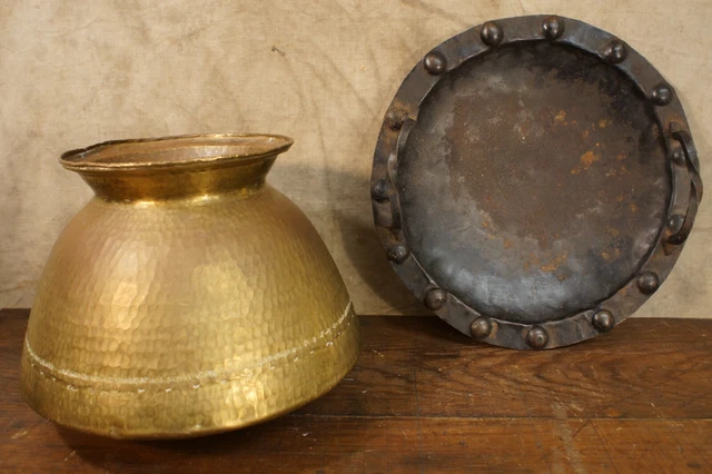 19th C. Primitive Wrought Iron Open Fire Tray + Hammered Brass Cauldron + Ladle