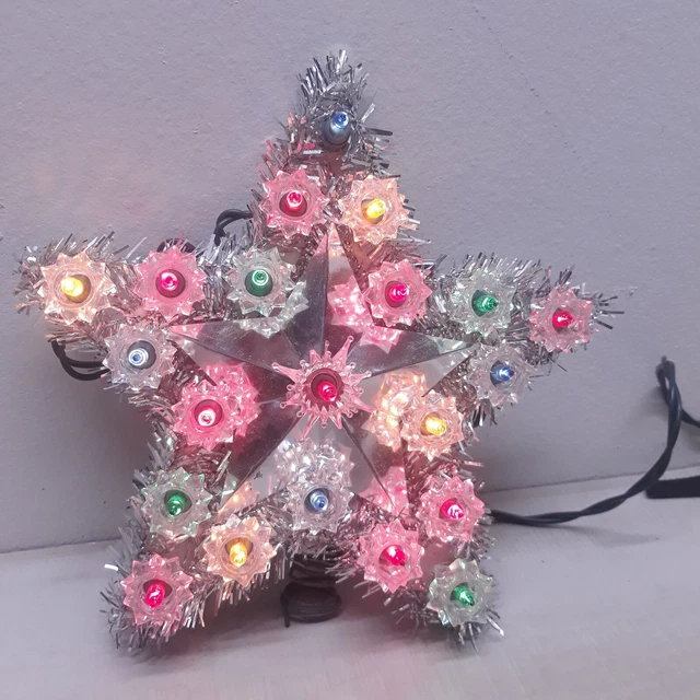 TINSEL STAR CHRISTMAS Tree Topper Vintage 21 lights Missing One Flower