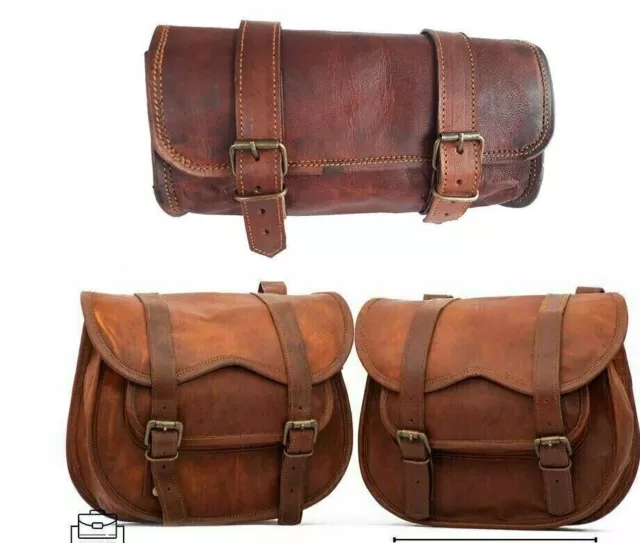 3 Side Saddle Bag Saddlebags Bags Tool Motorcycle Leather Pouch Panniers Brown