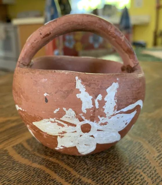 Vintage Native American Basket Pot W/Handle Old Acoma Pueblo