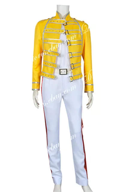 Queen Band Lead Vocals Freddie Mercury Cosplay Costume Yellow Jacket White Pants