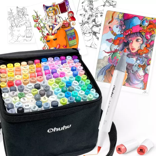 Ohuhu illustration Marker 120 Color Brush Type with Blender Pen Carrying  case 