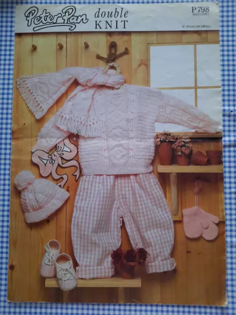 Vintage Peter Pan Knitting Pattern P798 - Baby Sweater, Hat & Scarf  16"-24" DK