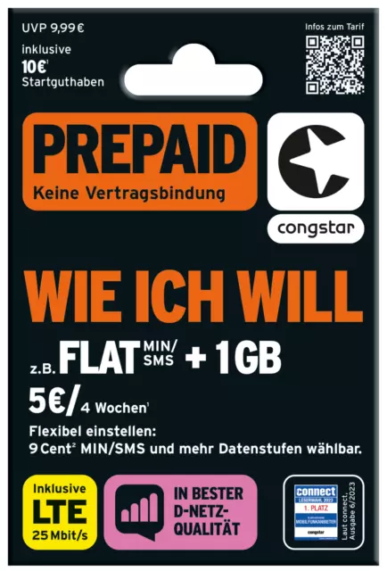 Congstar Prepaid wie ich will Handy SIM Karte 10 € Guthaben T-Mobile D1Netz Xtra