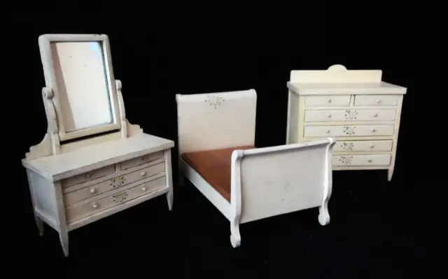 Antique 3 Piece Doll Bedroom Set- Mirrored Dresser, Bed, Tall Dresser