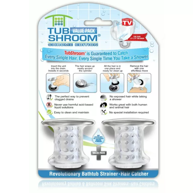 TubShroom® 2 Pack Chrome Revolutionary Tub Drain Protector Hair Catcher Strainer