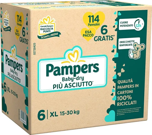 Pampers Baby Dry Pannolini Taglia 6 XL (15-30Kg) 114 Pannolini