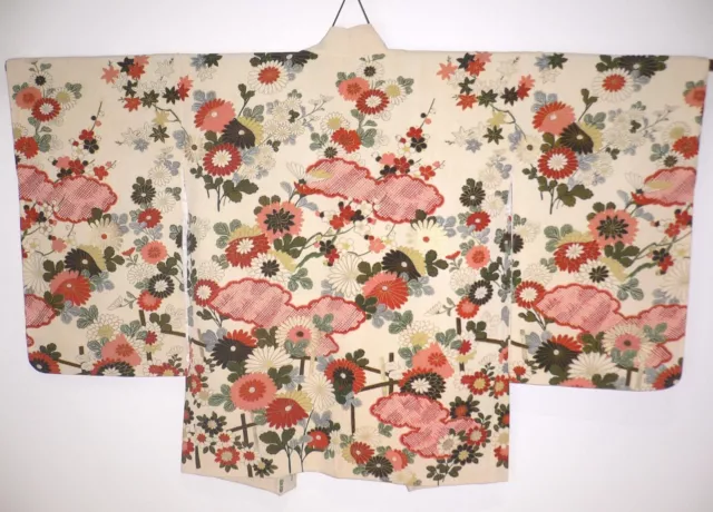 1930s Vintage Japanese Cream Silk Haori Kimono Jacket Hand Crafted Floral Design