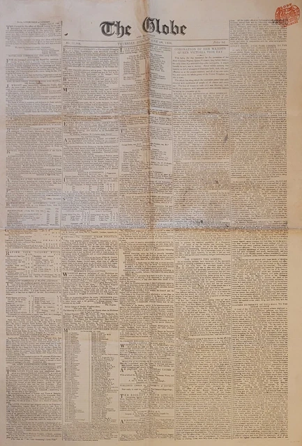 The Globe newspaper for June 28 1838 Queen Victoria coronation issue Royaltyvg