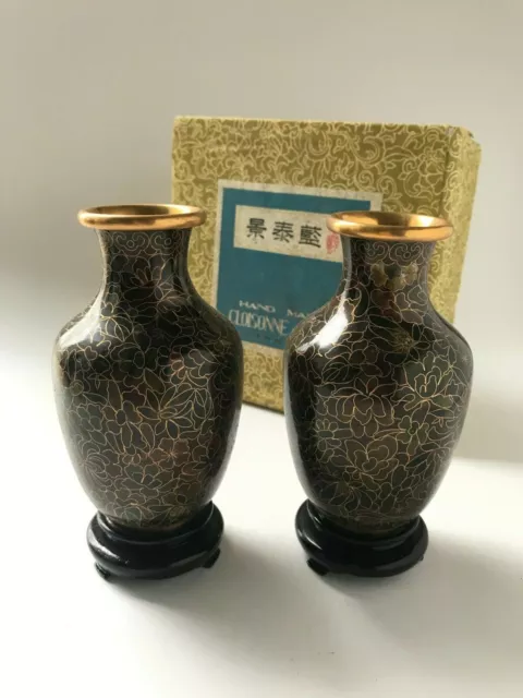 Pair of Handmade Cloisonne Ware Vases and Stands Made in China with Box