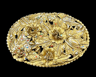 ATQ Art Nouveau Sash Pin Gold Tone Brooch w/ Raised Flowers Textured Leaves