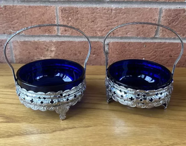 Vintage 2x  Cobalt Blue Glass Bowls Dishes Zinc Silver Plated Tableware