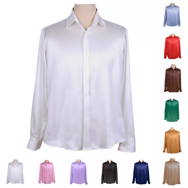 Mens 19MM 100% Pure Silk Dress Formal Work Shirts Button Down Collar Long Sleeve