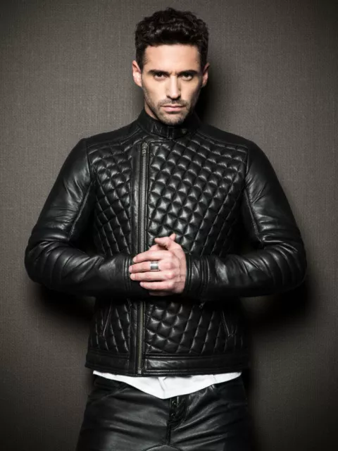 Men's Soft Lambskin Genuine Leather Motorcycle Jacket Black Biker Quilted Jacket