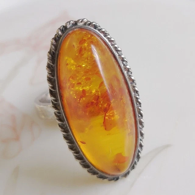 Bague Argent Massif Et Ambre - Taille 55 - Imposante Et Splendide - Occasion