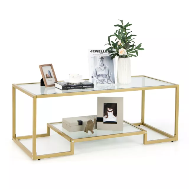 Coffee Table Rectangular Tempered Glass Accent Table Golden Frame Living Room