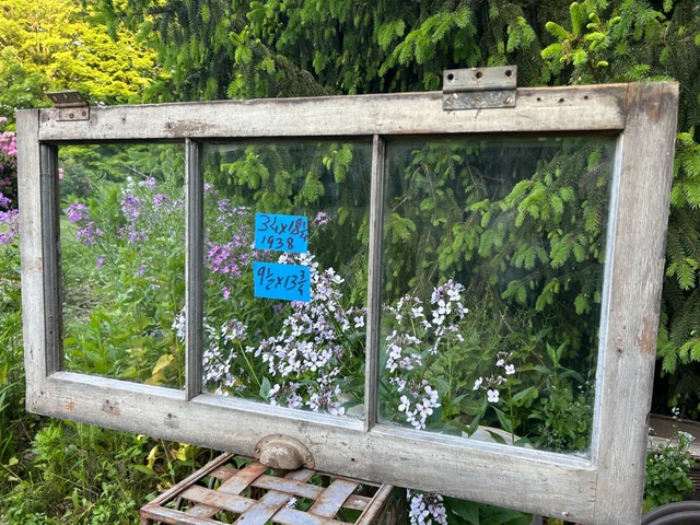 1 - 34 x 18-1/4 Vintage Gray Basement Window Sashes Rare Find 3 pane Frame 1938