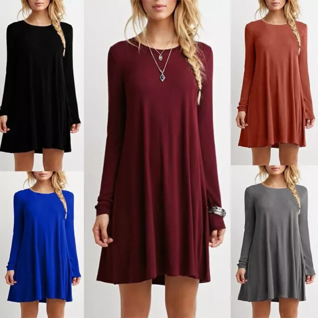 Women Long Sleeve Casual Cotton Skater Swing Dress Loose Short Dress Size S M L