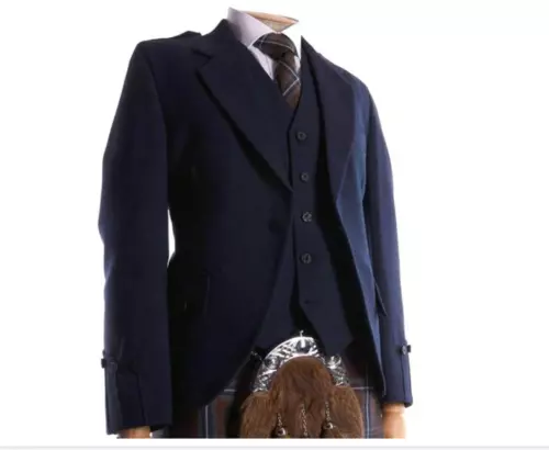 Navy Blue Scottish Argyll Kilt Pure Wool Jacket with Vest - Mens Wedding Jacket