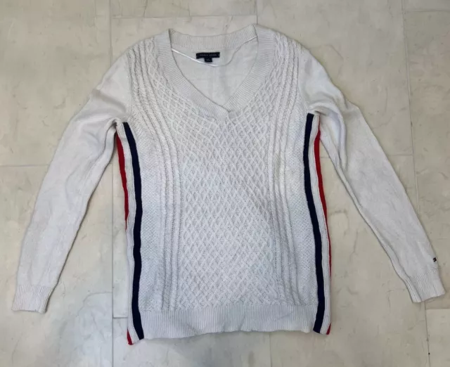 EUC Small S Tommy Hilfiger Women Pullover Sweater V-Neck Cream Blue Red Stripe