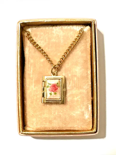 Vintage Guilloche Book Locket Necklace Gold Tone & Pink Rose 14" in Original Box