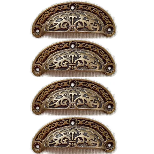 4 engraved shell shape pulls handles heavy solid brass old style drawer 9 cm B