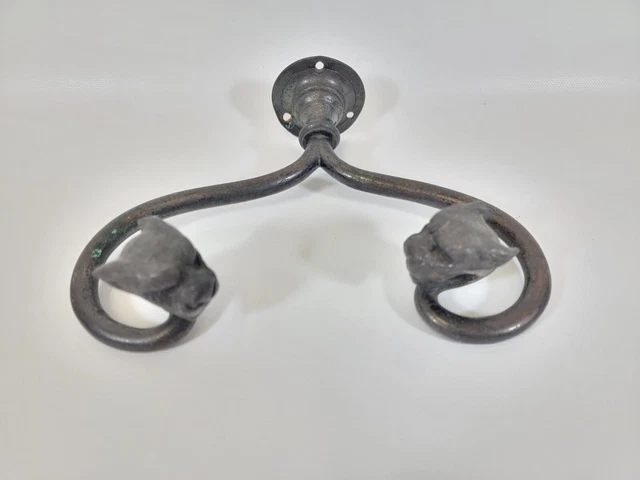 Antique Wrought Iron & Brass Washroom Towel Holder Hook Bracket - Panther / Lion 3