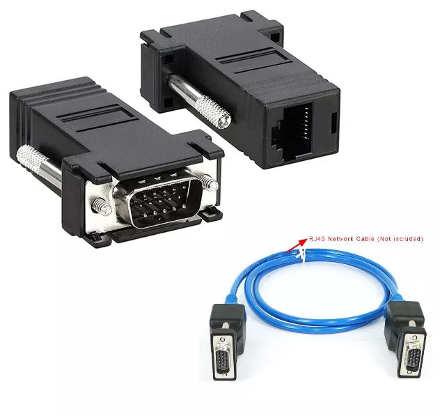 2x VGA Male to Network LAN Adaptor Video Extend Cat5e Cat6 Ethernet RJ45 VGA UK