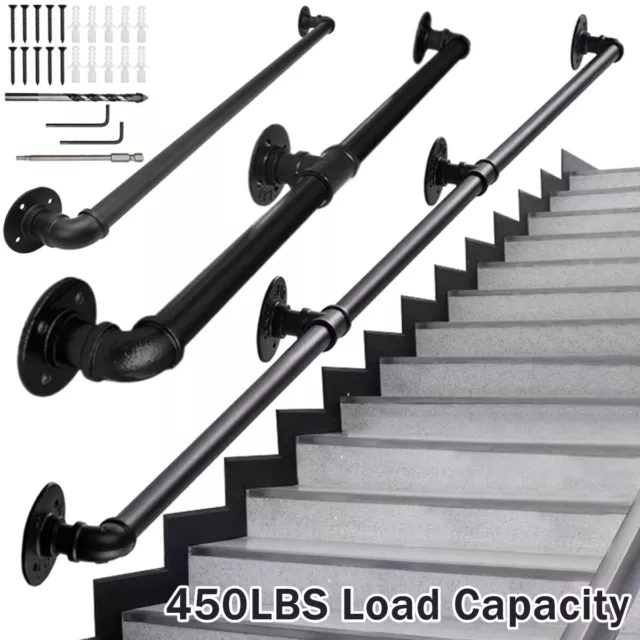 100/300CM Handrail Stair Rail Grab Balustrade Metal Staircase Banister Black Set