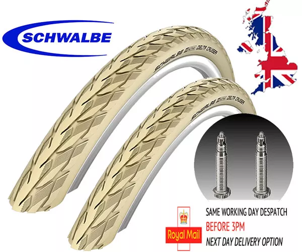 2 x Schwalbe Delta Cruiser Plus 26 x 1 3/8 Cream Wired Reflective Wall +PV Tubes