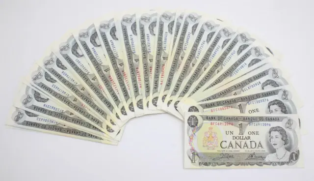 100x 1973 Canada $1 banknotes many consecutive runs  UNC to Choice UNC