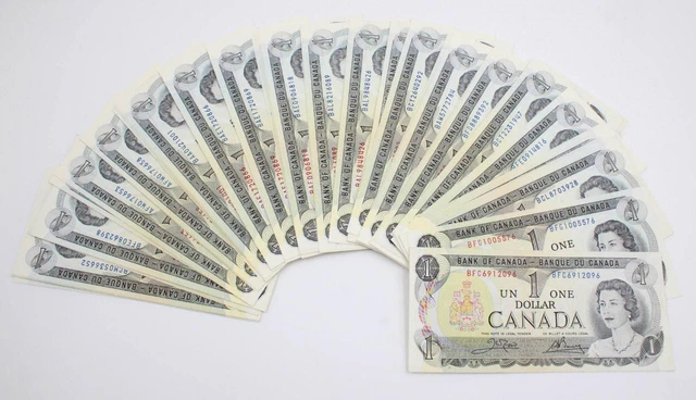 100x 1973 Canada $1 banknotes many consecutive runs  UNC to Choice UNC