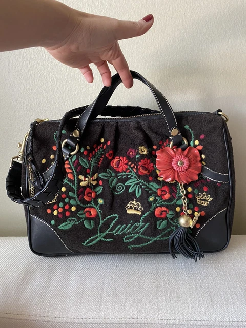Juicy Couture Black Terry Cloth Floral Embroiled Y2k Hippie Bohemian  Bag