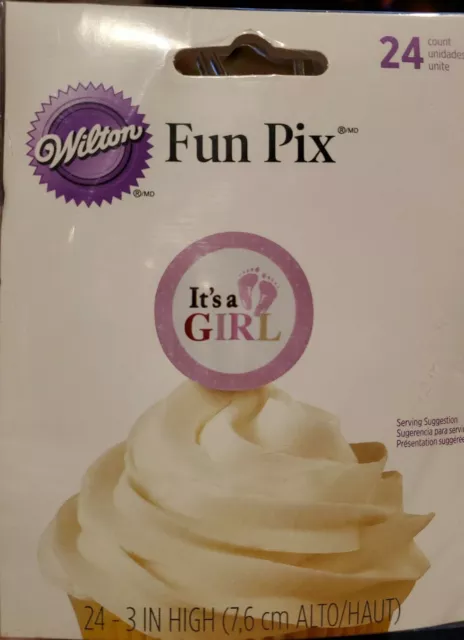 Wilton "It's a Girl" Fun Pix - Cupcake Toppers Picks - 24 ct - NEW in Pkg