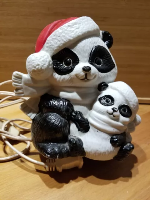 Taiwan Pottery Panda w Cub Clay Handmade Folk Art Figurine Christmas Theme Lamp