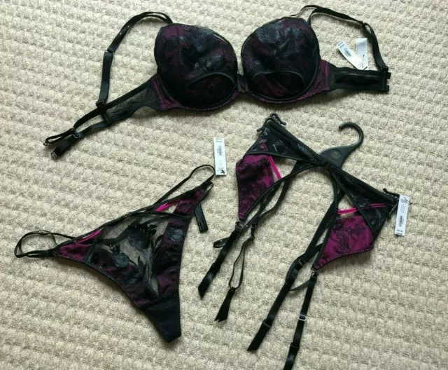 50% FLASH SALE **Luxury Set** Black Pink 34B Bra 10 Suspender 10 Thong RRP  £68 £33.95 - PicClick UK