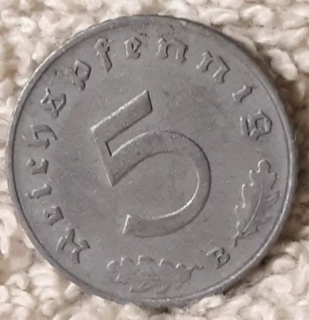 Vintage 1940 B  , WW2 German 5 Reichspfennig , WWII Era Heavily Circulated Coin