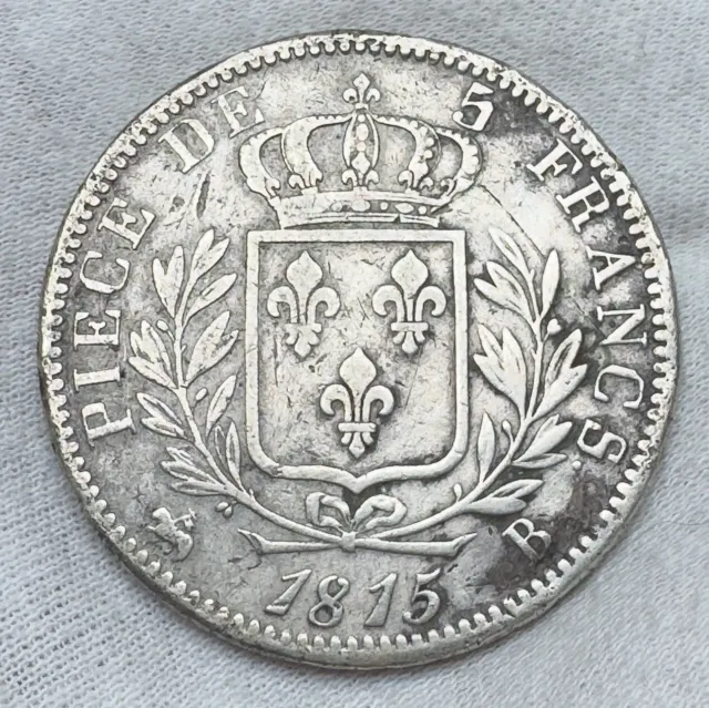 RARE! France 1815-B (Rouen) 5 Francs Louis XVIII KM#702.2 - Only 254k Minted!