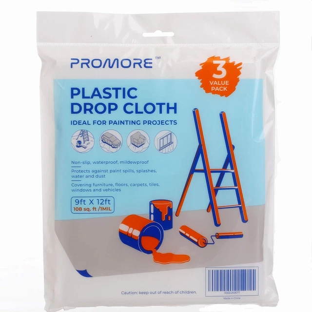 Painters Plastic Drop Cloth 1MIL- 9'x12' (3-Pack) Drop Sheet Clear Pa...