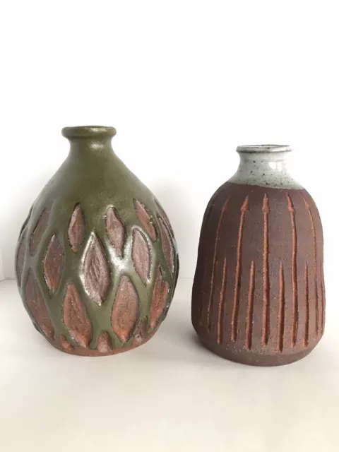 Pair of Coordinating Mid Century Studio Pottery Vases – Artist Signed