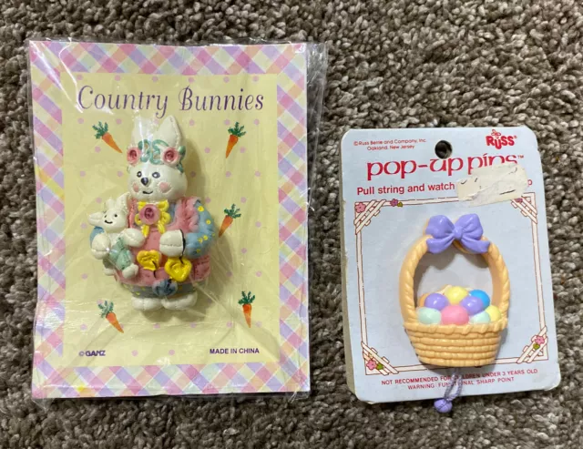 Lot Of 2 Vintage Easter Pins Brooches Bunny Rabbit Russ Ganz Basket Pop Up