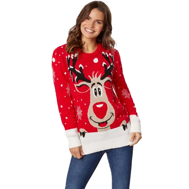 Maglione Natalizio da Donna Renna Rudolph Fiocchi di Neve Rosso Abbigliamento