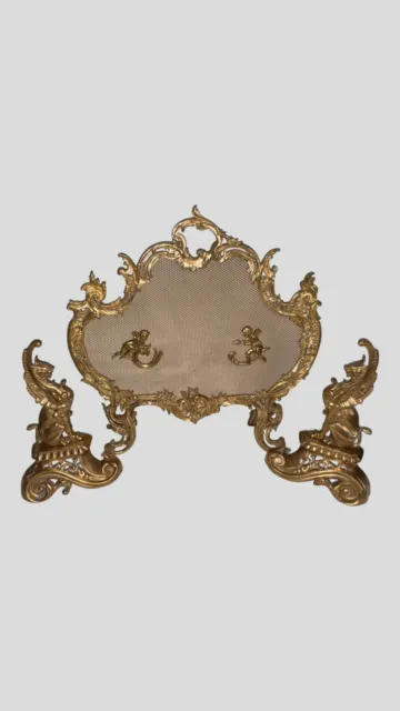 19th century french brass rococo style fire screen with two andirons very decora